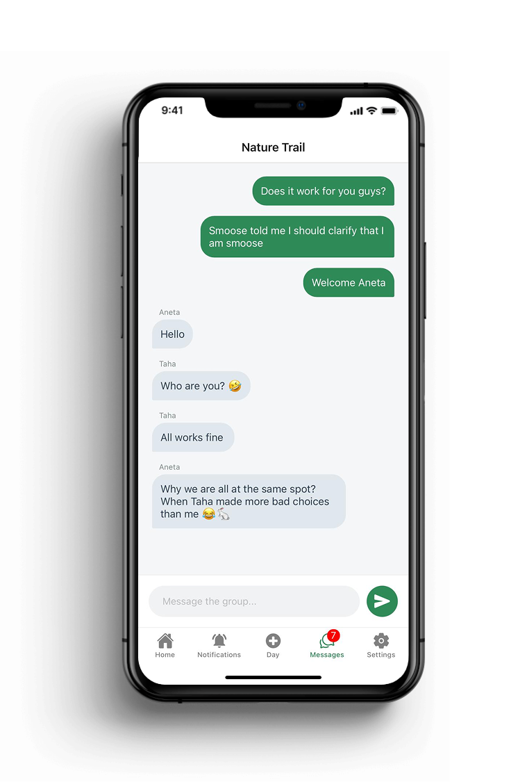 Screenshot of a group chat on a mobile messaging app titled 'Nature Trail', with participants Aneta and Taha exchanging messages about their location and feelings.