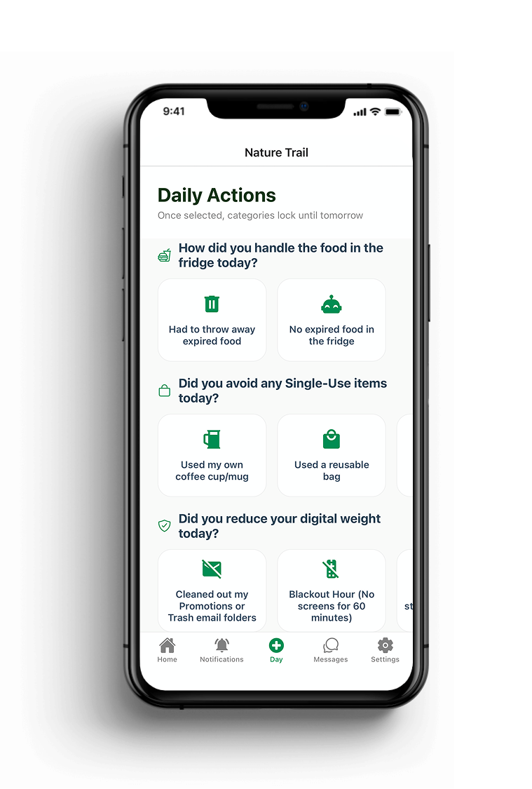 A smartphone displaying a health app interface titled 'Nature Trail' with sections for daily actions, single-use items, and digital weight reduction, showing icons and text options for managing food, avoiding single-use items, and reducing screen time.