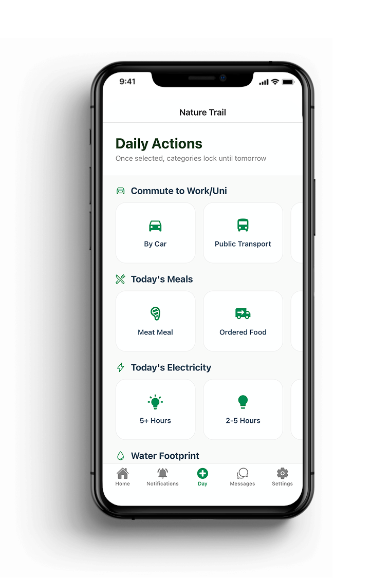 Smartphone screen showing a nature trail app with daily actions like commuting, meals, electricity, and water footprint, with icons for each activity, on a black background.