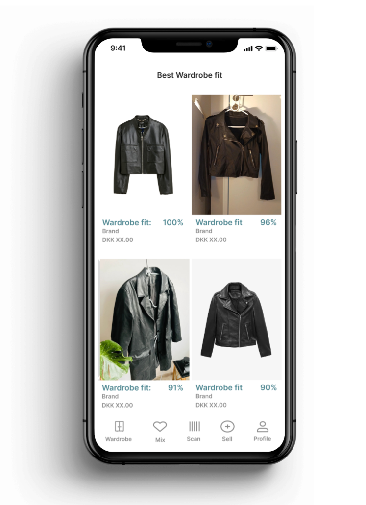 Mobile phone display showing four black leather jackets on a wardrobe app, each with a different fit percentage.