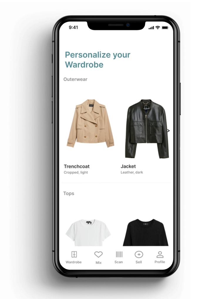 Smartphone screen displaying a wardrobe app with clothing items, including a beige trench coat, black leather jacket, white T-shirt, and black sweater.