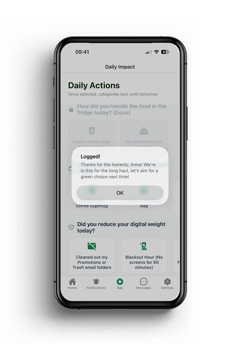 Smartphone screen showing a health app with a message thanking the user for honesty and encouraging better choices, with navigation icons at the bottom.