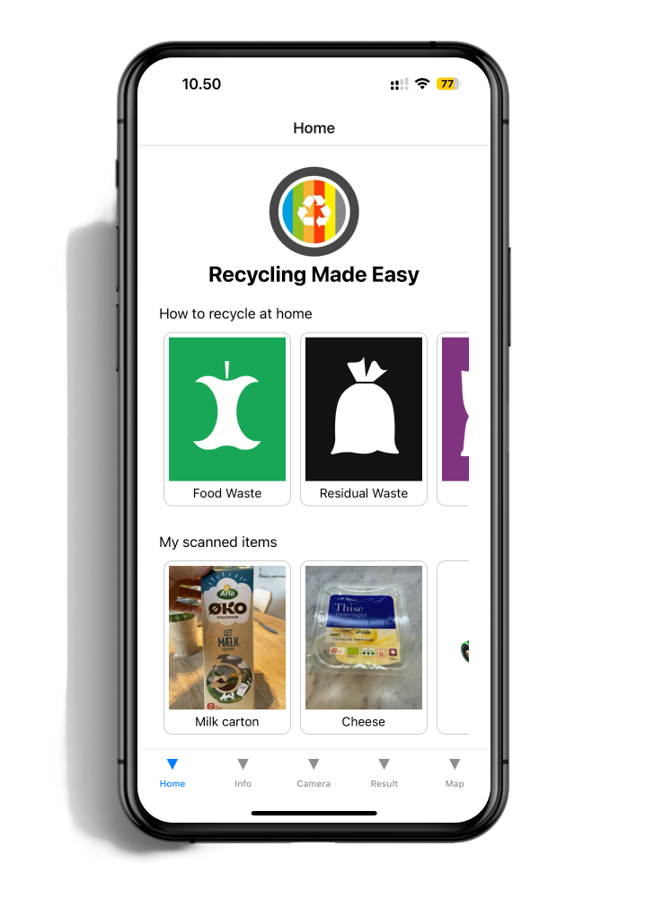 Mobile app screen titled 'Recycling Made Easy' showing options for recycling categories and scanned items, including a milk carton and cheese.