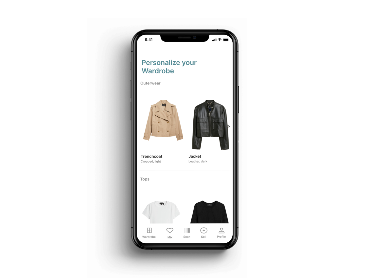 Smartphone screen displaying a wardrobe app with options for outerwear and tops, including images of a trenchcoat and jacket, with navigation icons at the bottom.