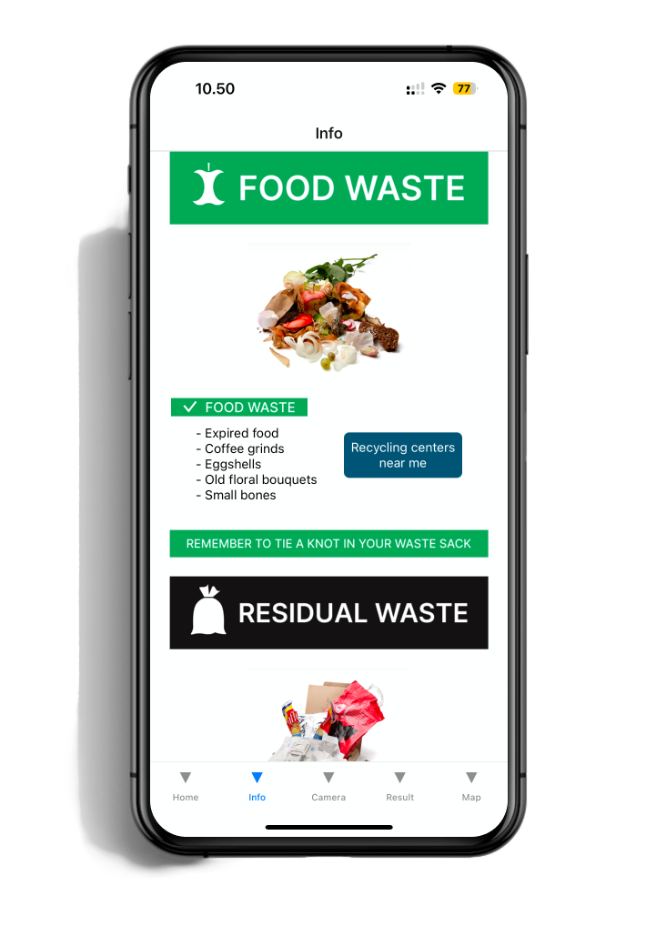 Smartphone screen displaying an app about food waste and residual waste, with a list of edible food waste items and recycling information.