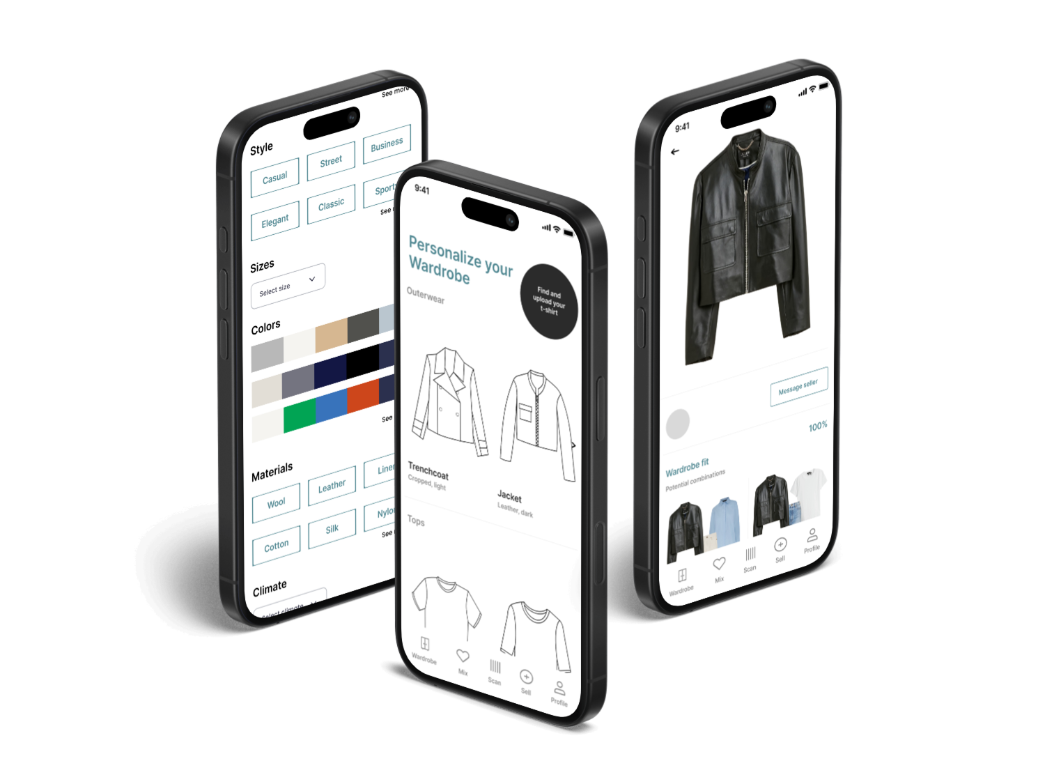 Three smartphones displaying a clothing shopping app interface, with options for customizing wardrobe, selecting clothing styles, colors, materials, and viewing a black leather jacket.