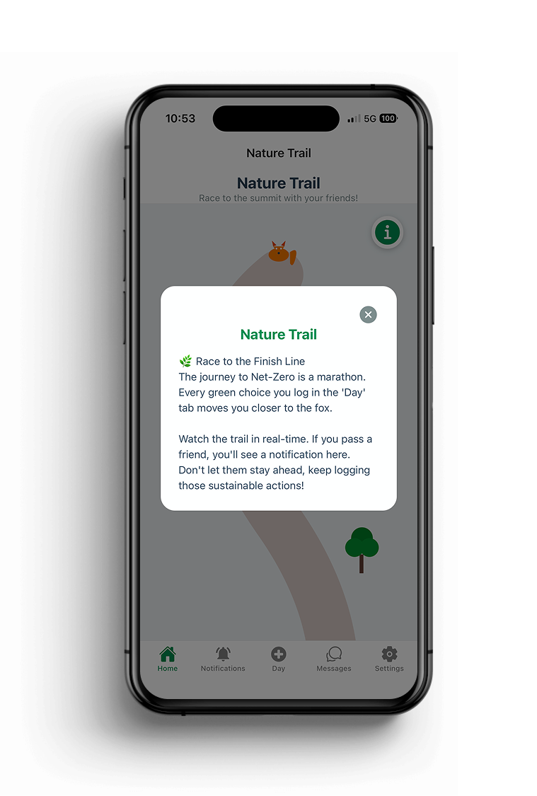 Smartphone screen displaying the 'Nature Trail' section of an app, with a pop-up explanation about raceing to the finish line and tracking progress on a trail map, and navigation icons at the bottom.