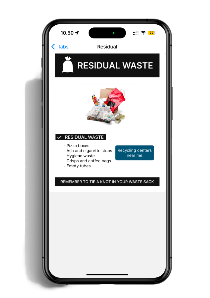 Smartphone screen displaying a waste disposal app with a section for residual waste, including images of waste items and a reminder to tie a knot in the waste sack.