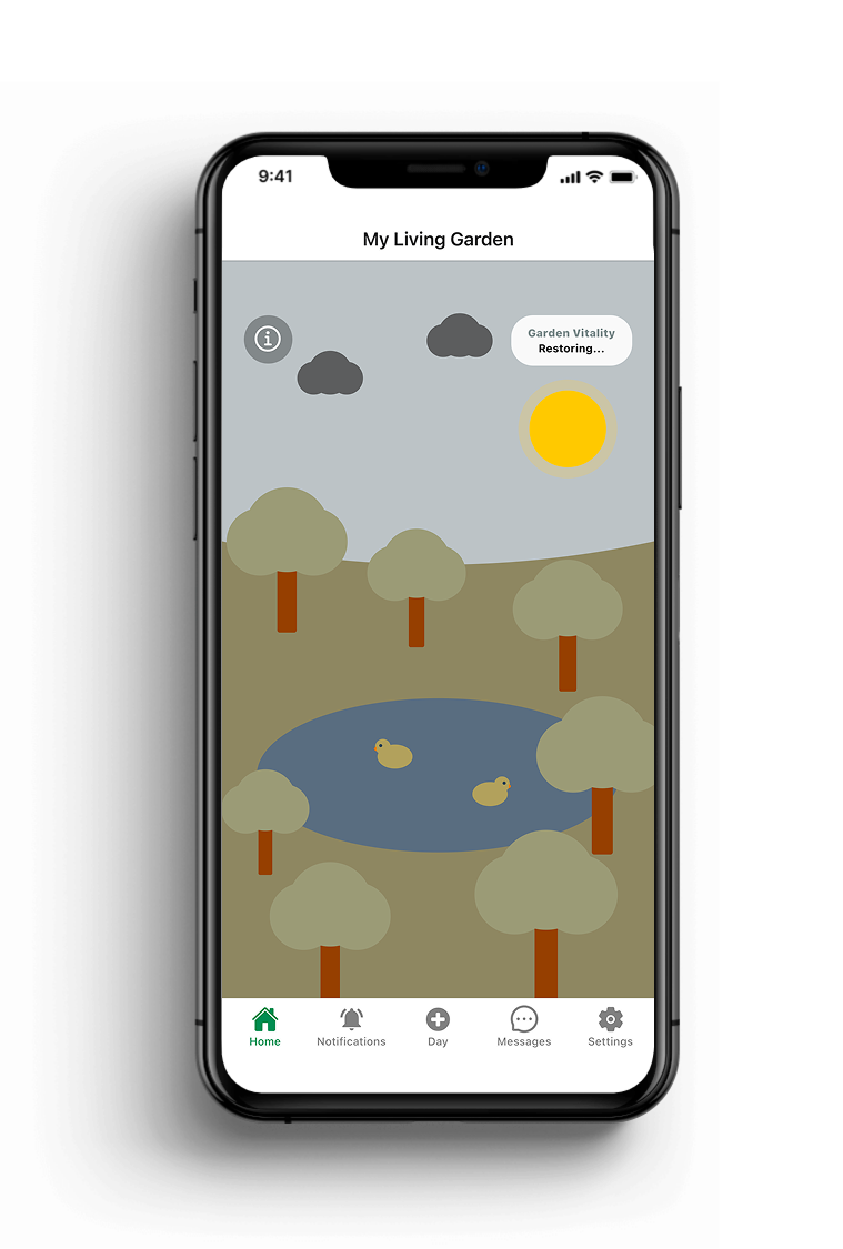 Smartphone screen showing a gardening app called 'The Shared Garden' with a pond, ducks, trees, and clouds in a cartoon style.