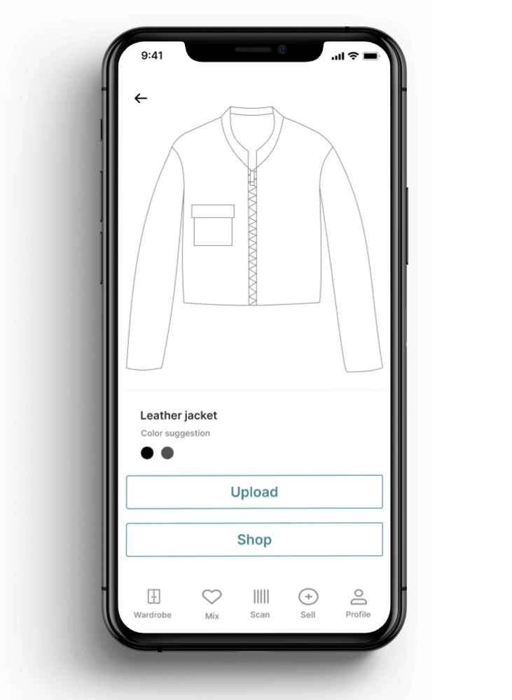 A smartphone screen displaying a digital design of a leather jacket on an app. The app shows options to upload or shop for the jacket with color options and navigation icons at the bottom.