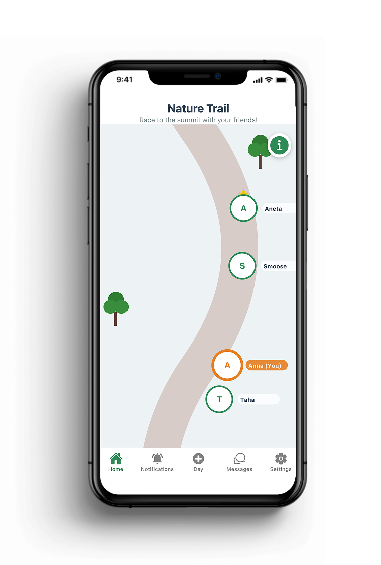 A smartphone displaying a nature trail app with a map showing two groups of friends, including Anna (You), and other names, on a curved path with trees around.