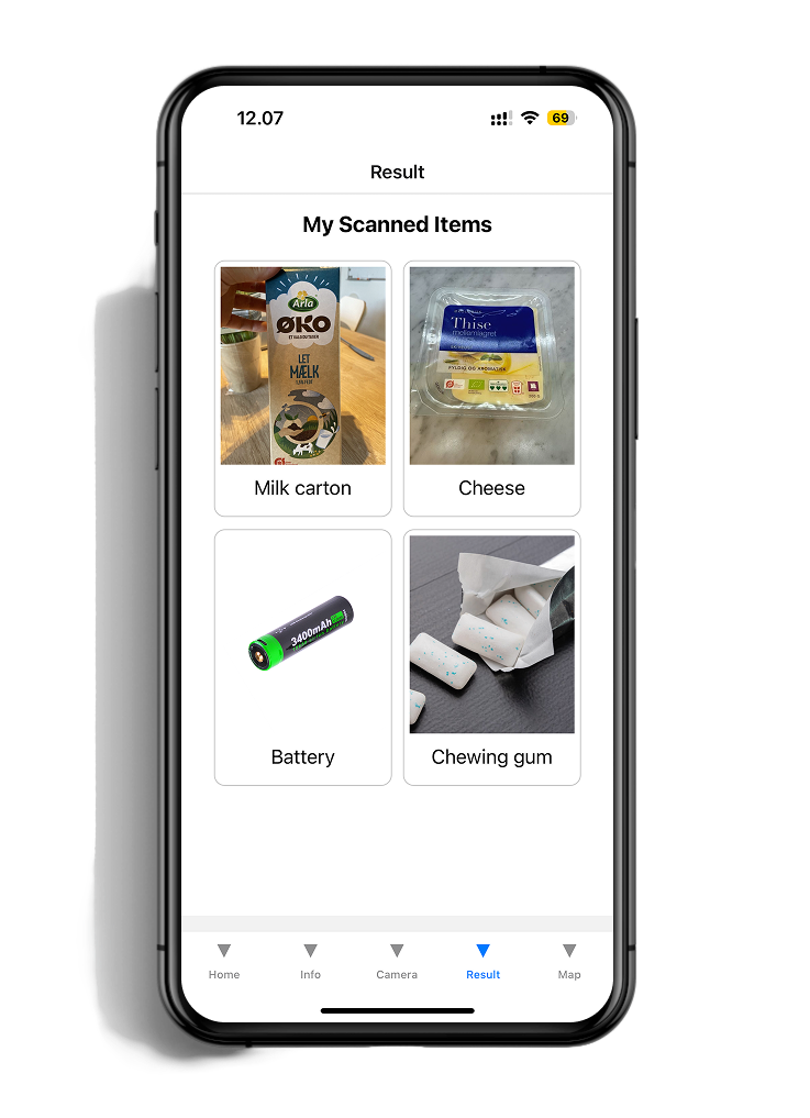 Smartphone screen displaying scanned items labeled 'My Scanned Items': Milk carton, cheese, battery, and chewing gum.