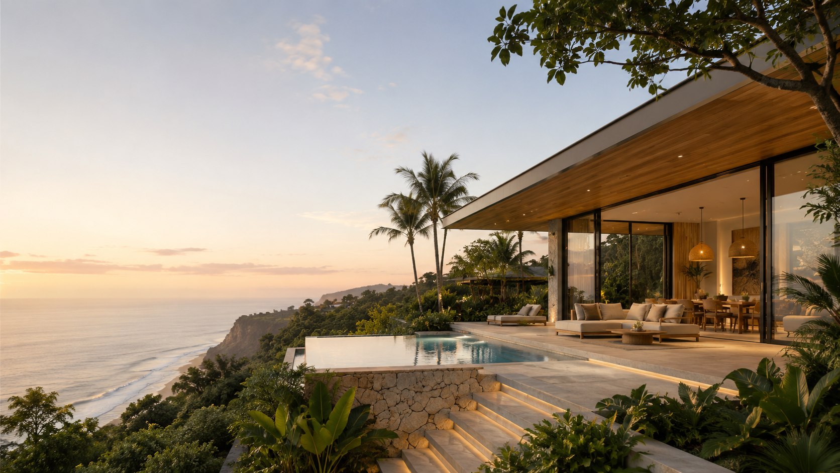 Luxury modern house with open living area, outdoor lounge, swimming pool, and ocean view at sunset with palm trees and lush greenery.