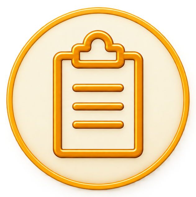 Orange neon outline of a clipboard on a circular cream background.