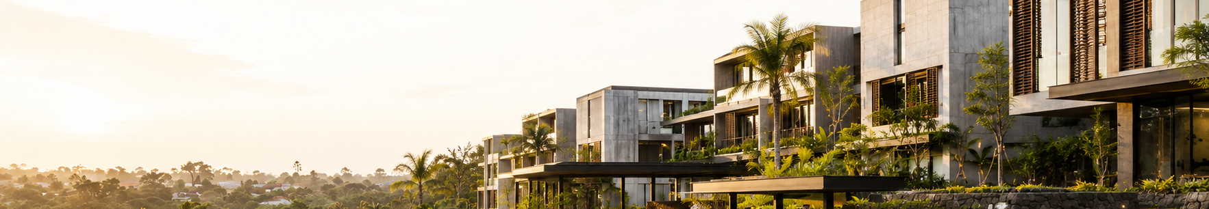 Modern residential buildings with lush greenery and palm trees outside, under a bright sky.