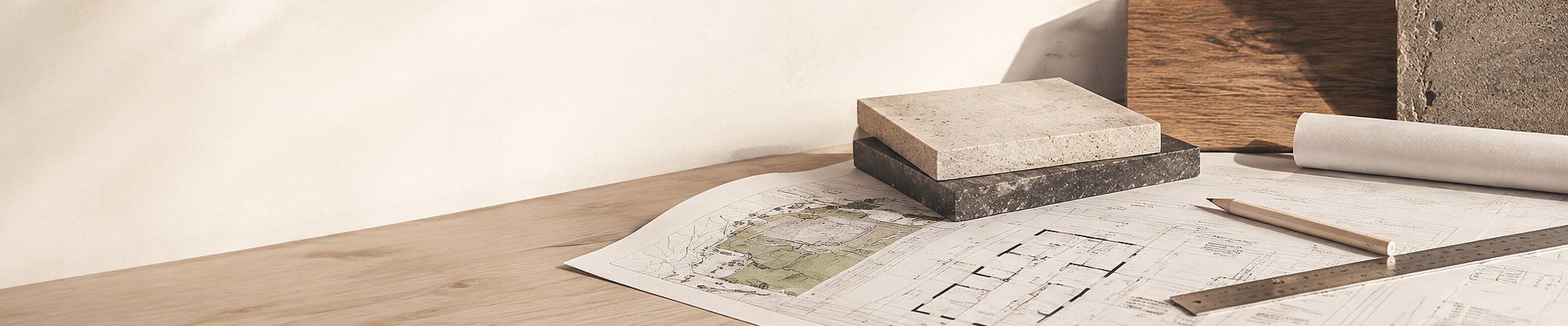 Architectural blueprints, sample tiles, a ruler, and a pencil on a wooden desk.
