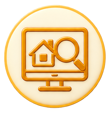 Icon of a computer monitor with a house and magnifying glass, representing real estate search or property investigation.