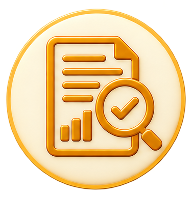 Icon of a document with a magnifying glass and a checkmark, representing analysis or review.