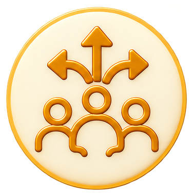 Icon of a central person with three connected icons and three arrows pointing outward from the center.