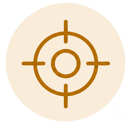 Target symbol with concentric circles and crosshairs in brown on a white circular background.