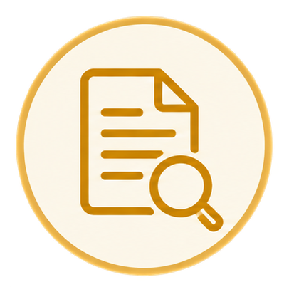 Icon of a document with a magnifying glass, representing research or document analysis.