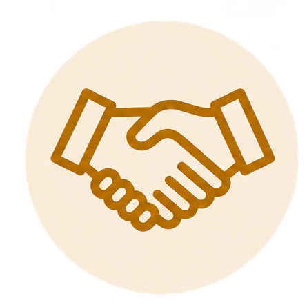 Illustration of a handshake in brown on a beige circular background.