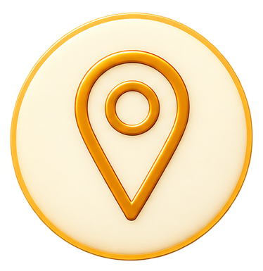 A stylized orange map pin icon on a white circular background with a yellow border.