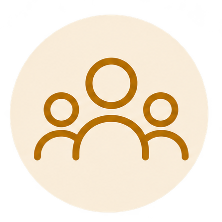 Icon of three people with one larger figure in the center, representing a group or team.
