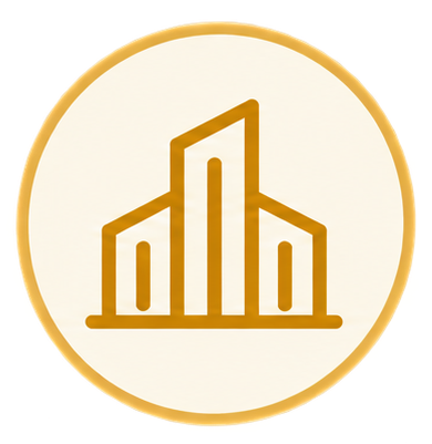 A circular icon with a gold border containing a stylized bar chart with three vertical bars of different heights in gold on a white background.