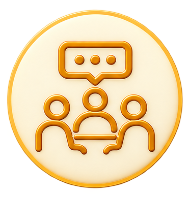 Icon of three people sitting at a table with a speech bubble above them, indicating a group discussion or meeting.