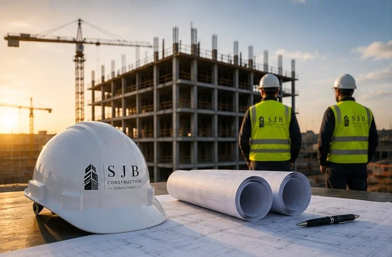 Construction workers with safety vests and helmets overlook a building under construction, blueprints, and a safety helmet with the label 'SJB Construction' on a work table at sunset.