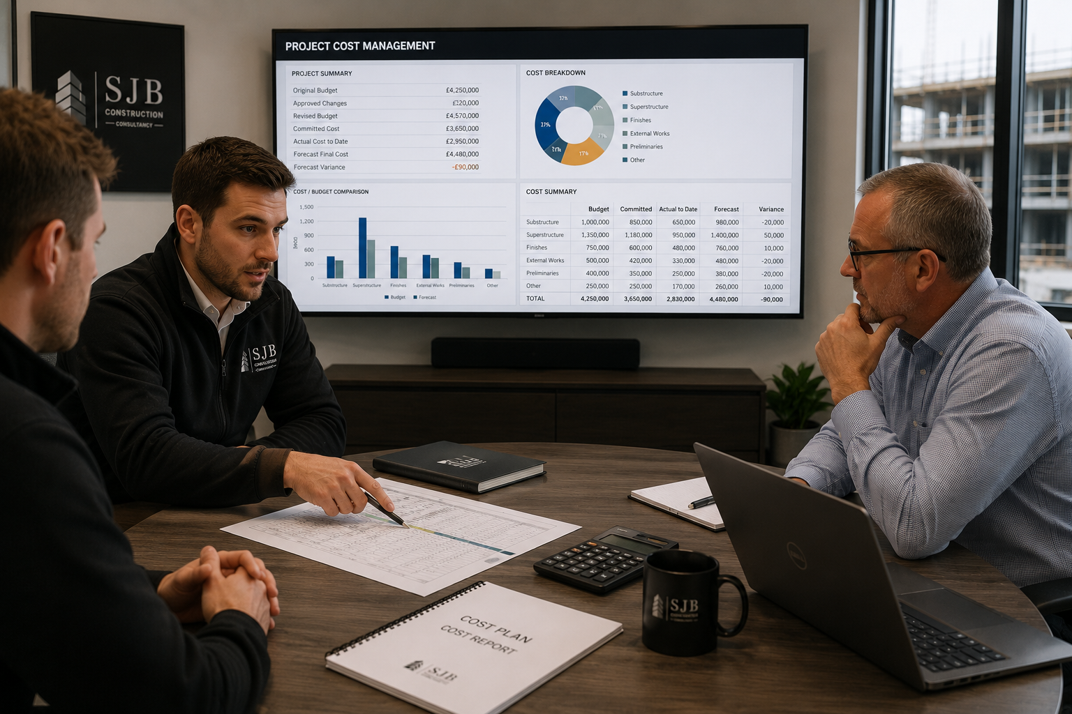Three men sit around a conference table in a business meeting, discussing project cost management. One man points to a document on the table, and a large screen behind them displays charts and data related to project budgets and costs.