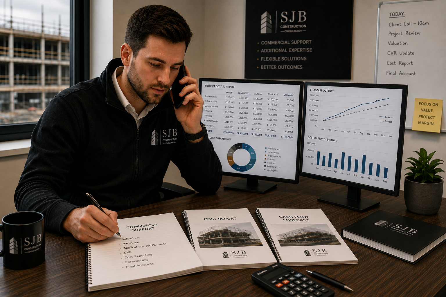 A man in a black jacket sits at a desk in an office, talking on the phone, with construction-related documents and two monitors displaying financial charts and data.