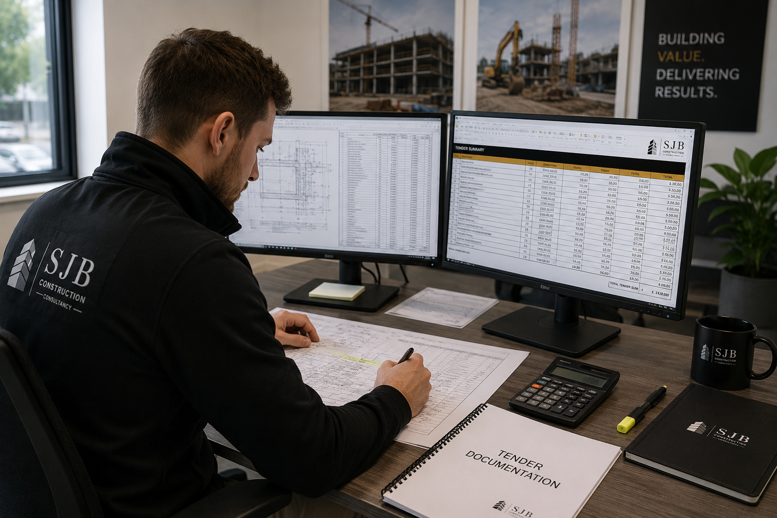Construction manager working at desk with dual monitors displaying technical and cost data, reviewing tender documentation.