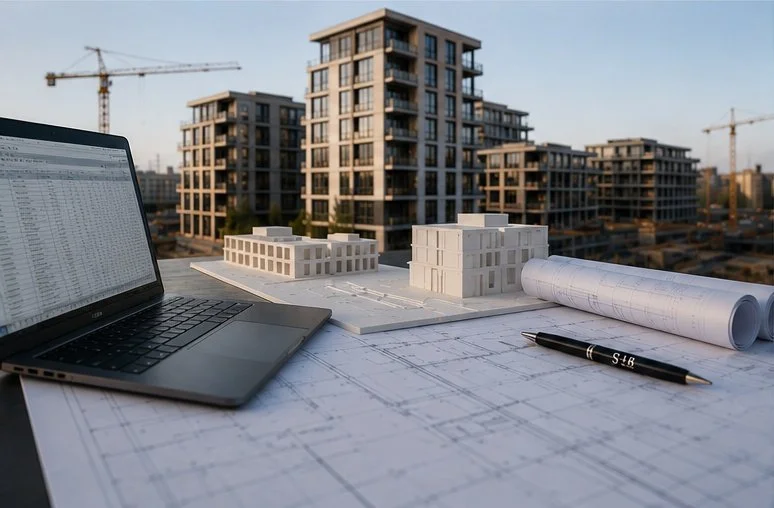 Architectural plans and models on a table with a laptop, set against a backdrop of modern apartment buildings under construction.