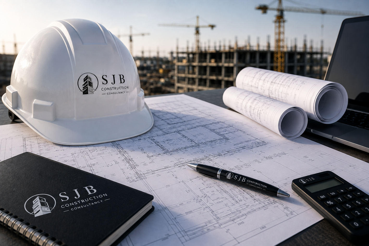 Construction plans and rolled blueprints on a desk with a hard hat, a pen, a calculator, and notebooks, at a construction site with cranes in the background.
