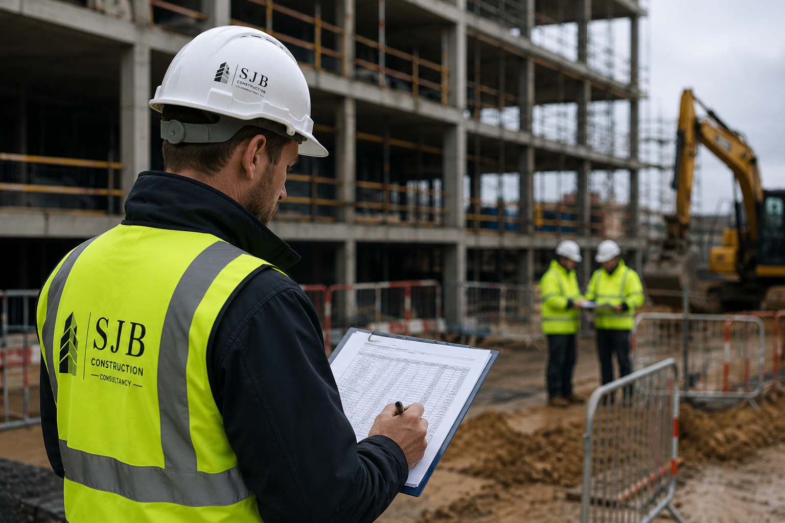 Construction workers at a building site, with one inspecting documents and two others discussing, amid construction equipment and scaffolding.
