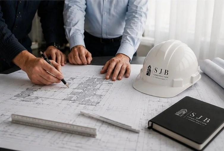 Architects or engineers examining construction blueprints at a table with a white safety helmet and a black notebook, in an office setting.