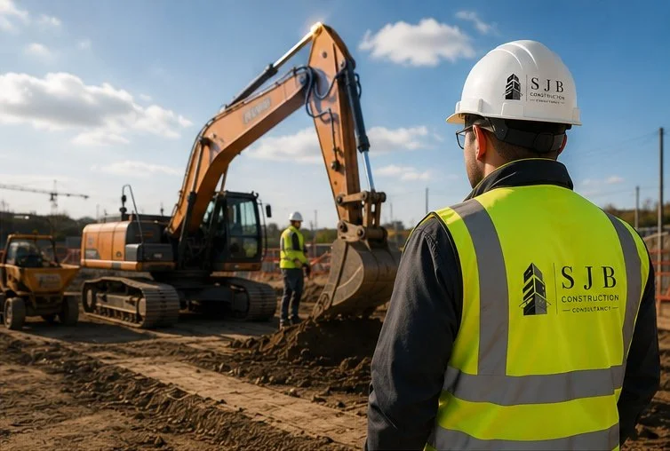 Construction site with a large excavator and workers wearing high-visibility vests and hard hats, including a man in foreground with a logo from SJB Construction.