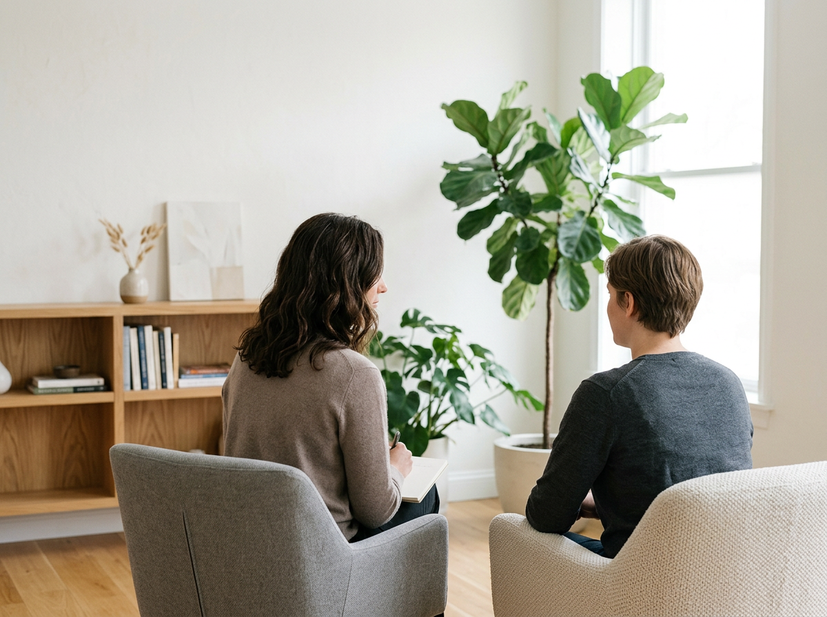En kvinne og en mann som har en samtale i et rom med store grønne planter og bokhyller.