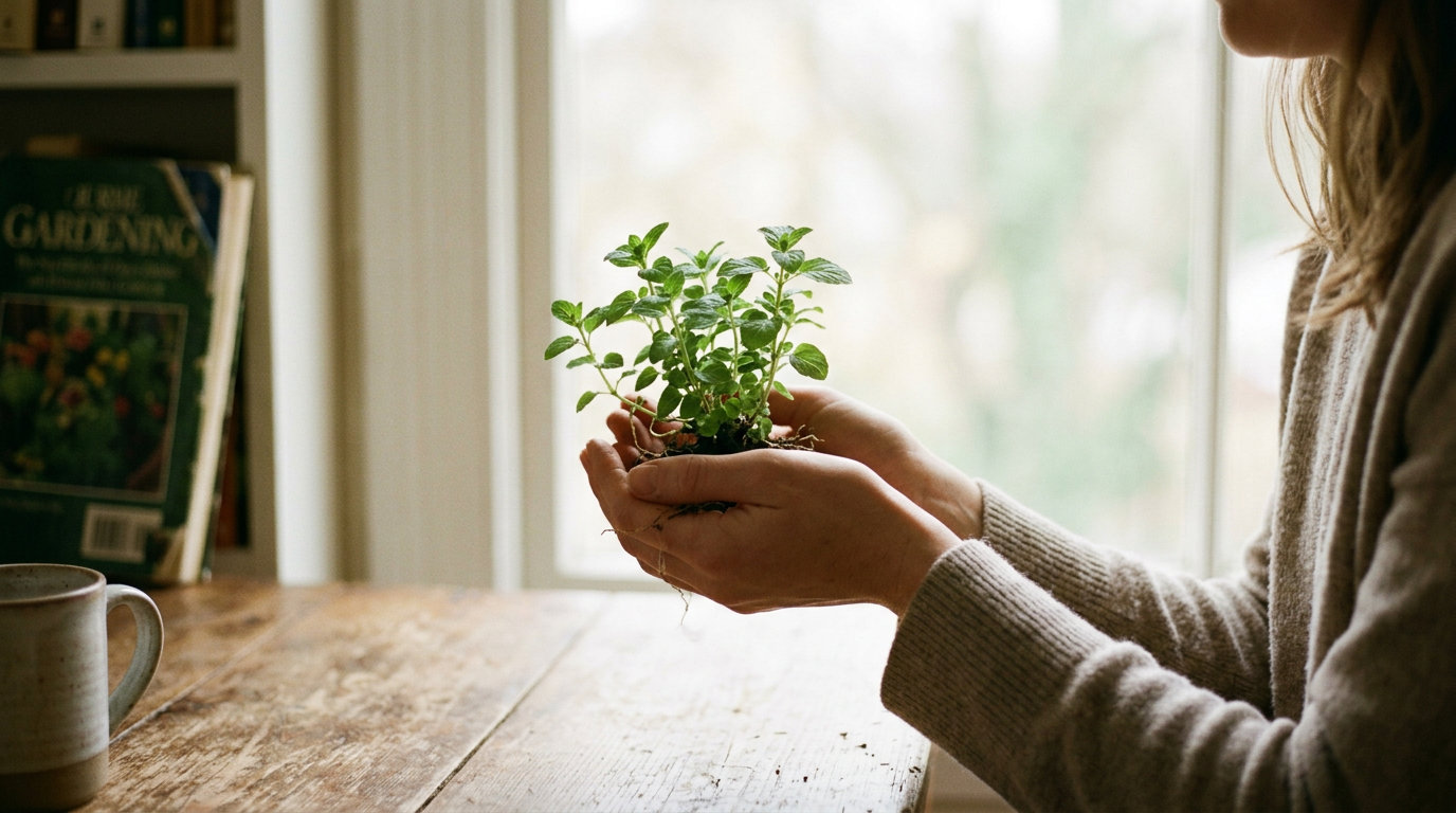 En person holder en liten grønn plante i hendene ved et vindu, med en bok og en kopp på bordet.