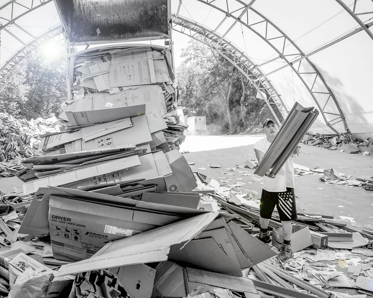 Man Emptying his Truck of Cardboard and Paper at a Sorting Depot in a Recycling Plant