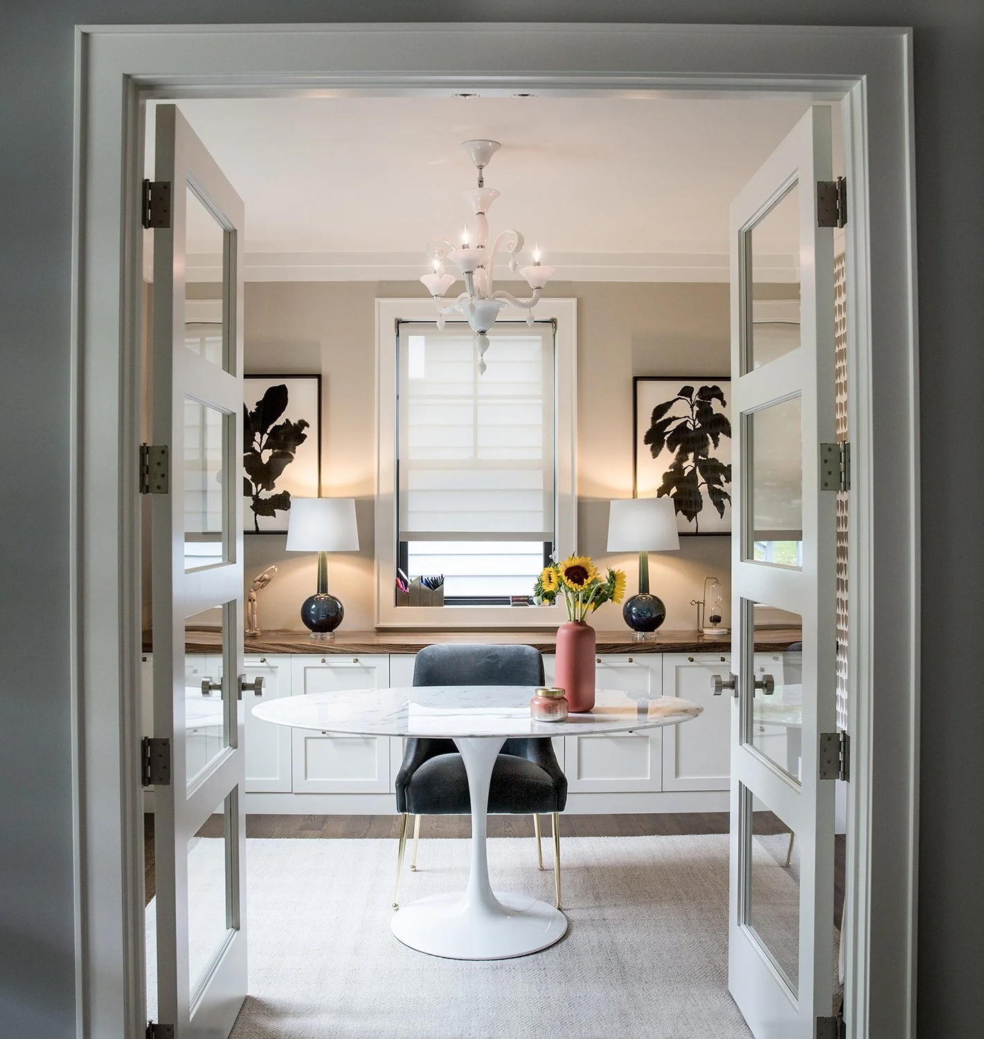 Modern Home Office Interior with French Doors and White Desk