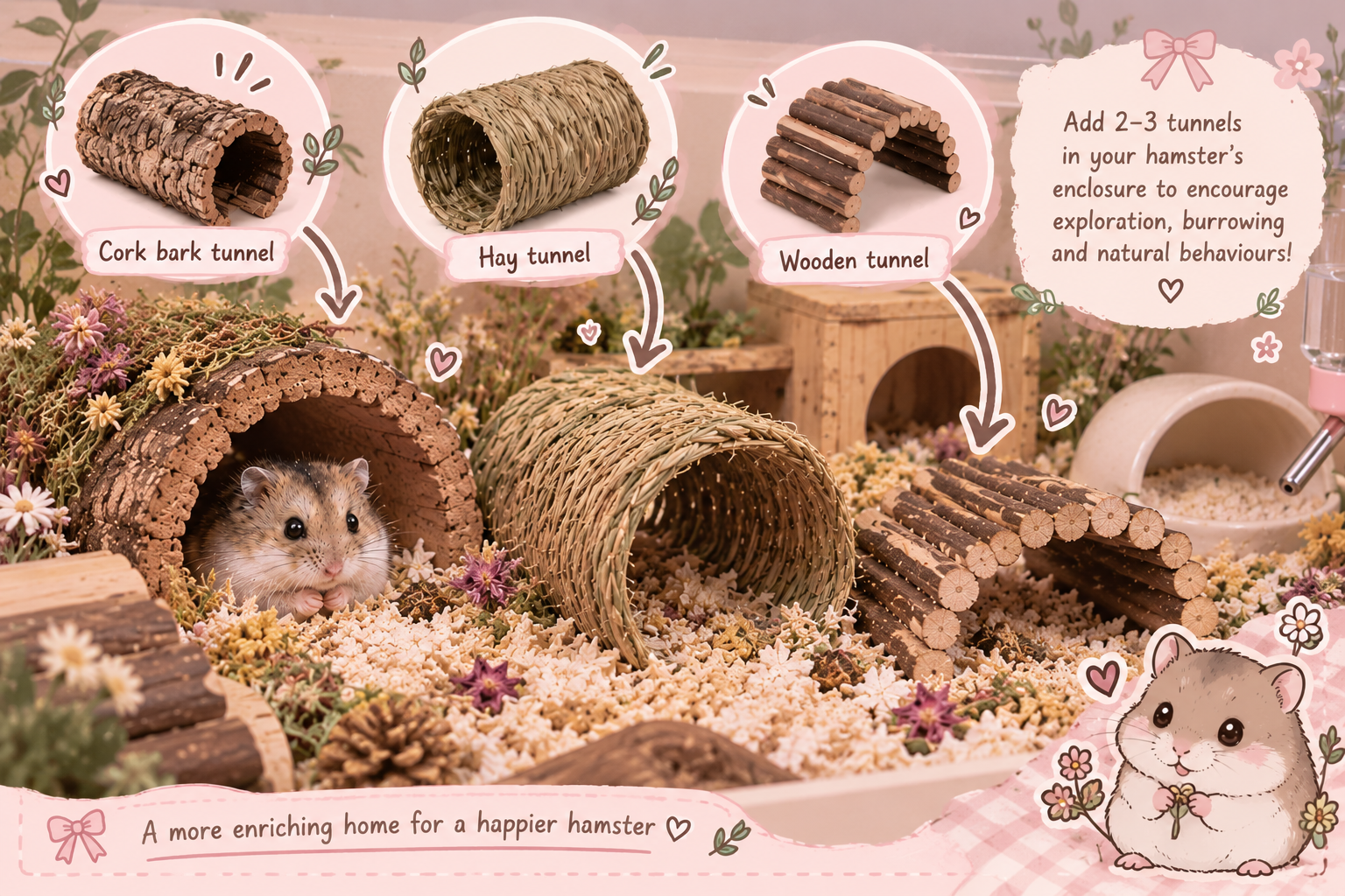 A hamster habitat featuring various tunnels made of cork bark, hay, and wood, decorated with flowers and pinecones, with a hamster inside a cork bark tunnel and a cartoon hamster illustration holding flowers.