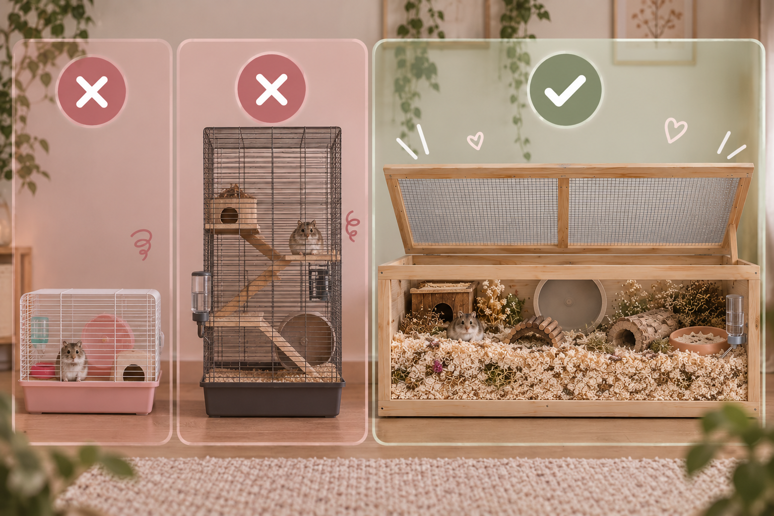 Three different hamster cages, from left to right: a small white cage with a hamster inside, a tall black wire cage with a hamster inside, and a large wooden enclosure with a hamster inside, decorated with flowers, wood tunnels, and a wheel.