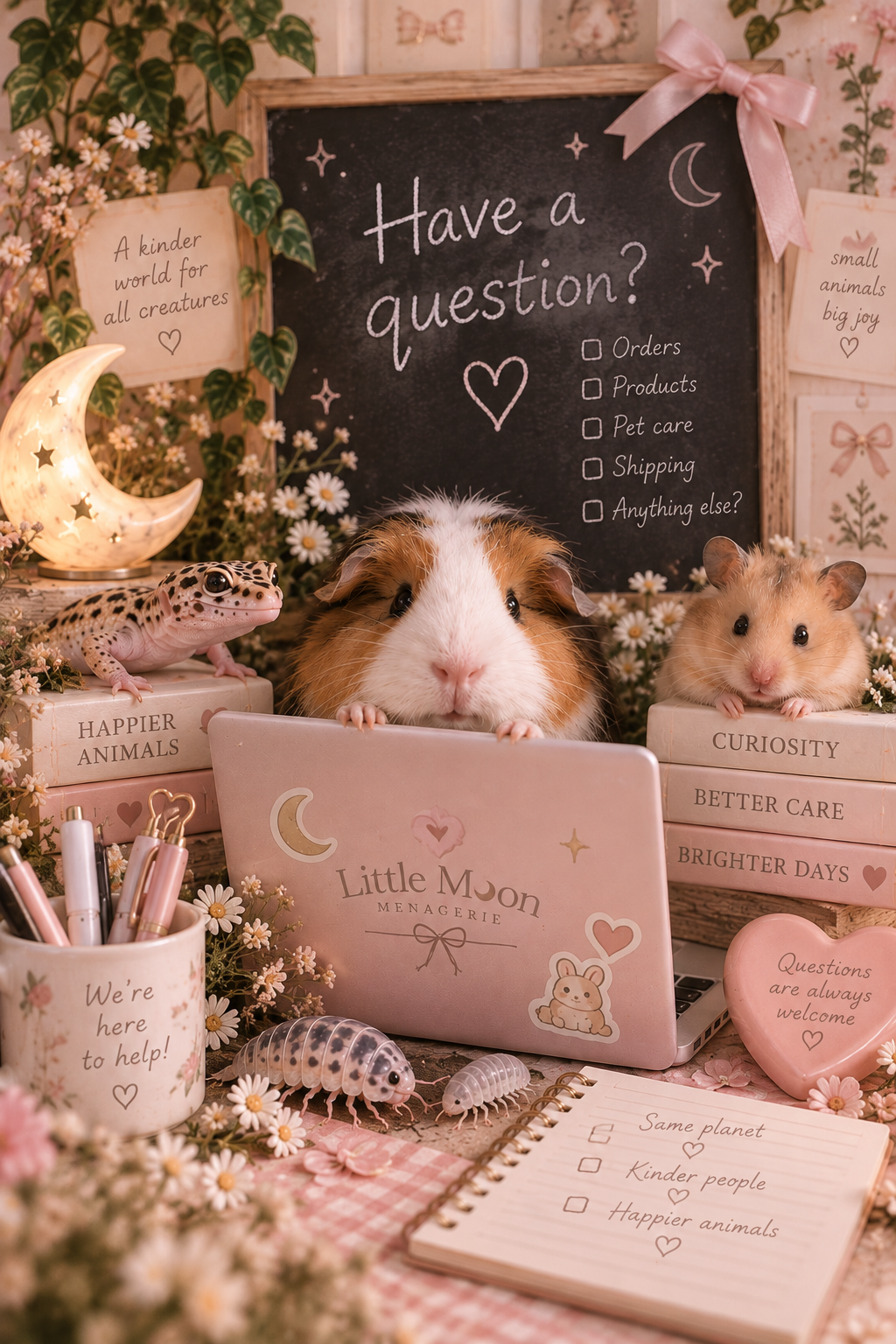 A cozy, decorated scene with guinea pigs, a gecko, and a hamster among flowers and decorative items. There is a blackboard with the question "Have a question?" and checkboxes for orders, products, pet care, shipping, or anything else. The scene features a moon-shaped lamp, a laptop with "Little Moon Menagerie" on it, and various signs with positive messages about animals and kindness.