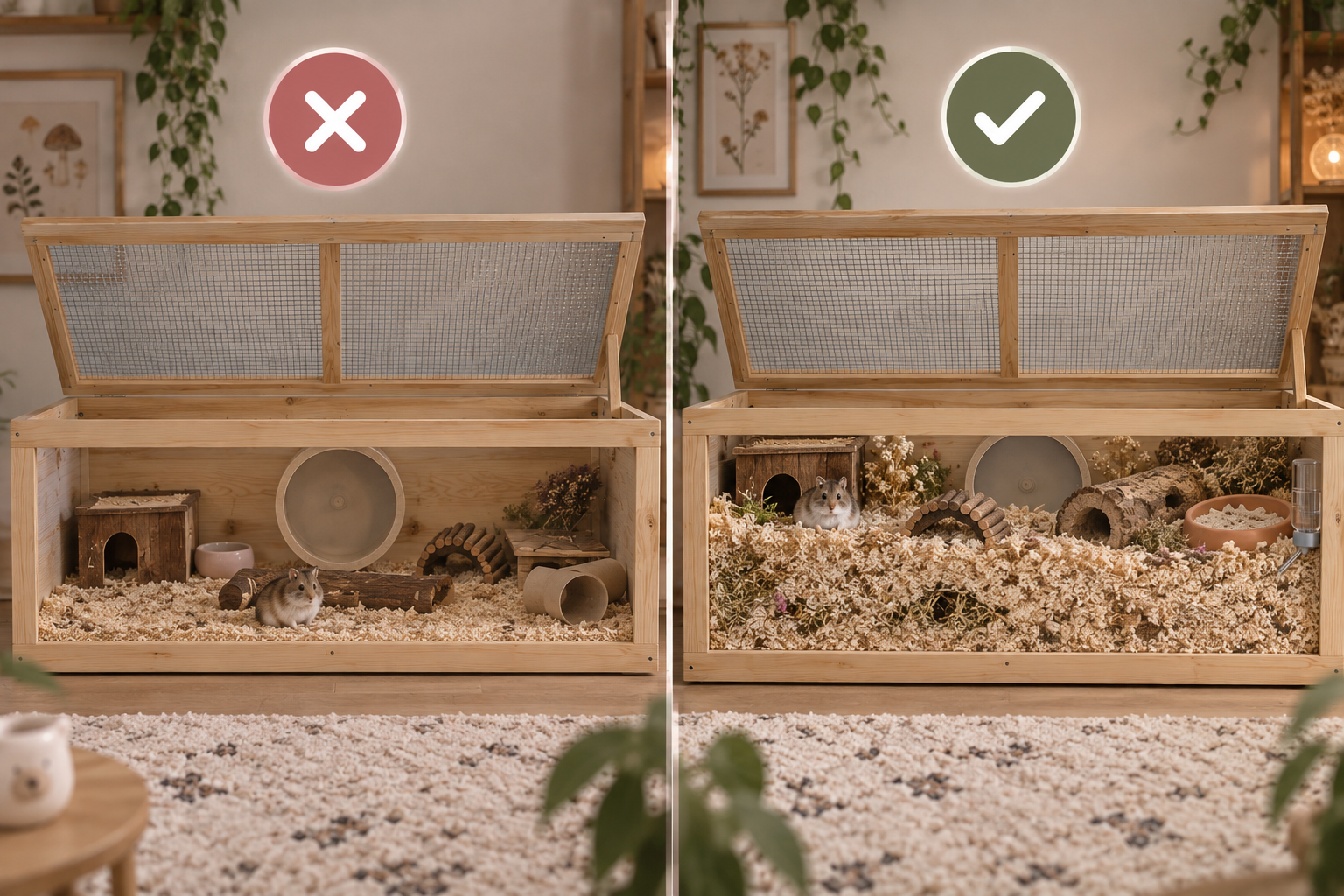 Comparison of two hamster cages: the left one is empty with a red 'X' above, the right one is filled with bedding and accessories with a green checkmark above.