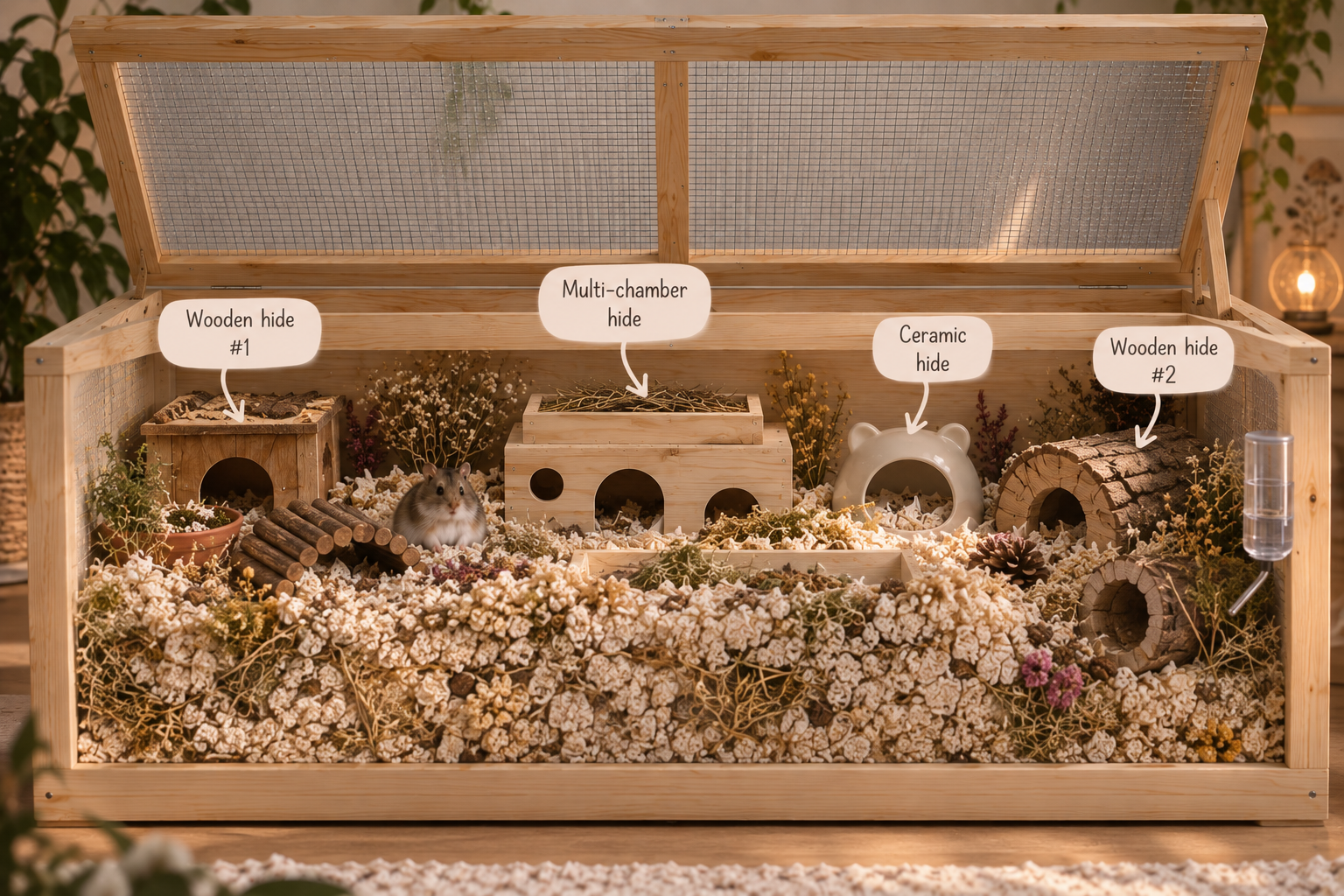 A hamster enclosure with wooden houses, ceramic hide, multi-chamber hide, and wooden hides labeled in a decorated habitat filled with dried flowers, and a hamster sitting on the bedding.