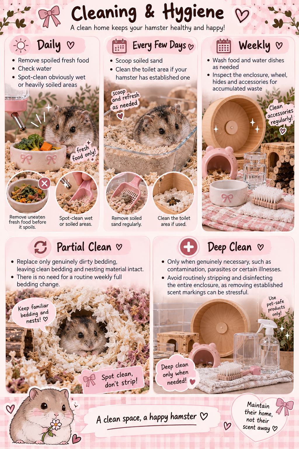 Informational poster about hamster cleaning and hygiene routine, featuring images of hamsters, cleaning tools, and supplies like bowls, brushes, and containers, with pastel pink and beige color scheme.