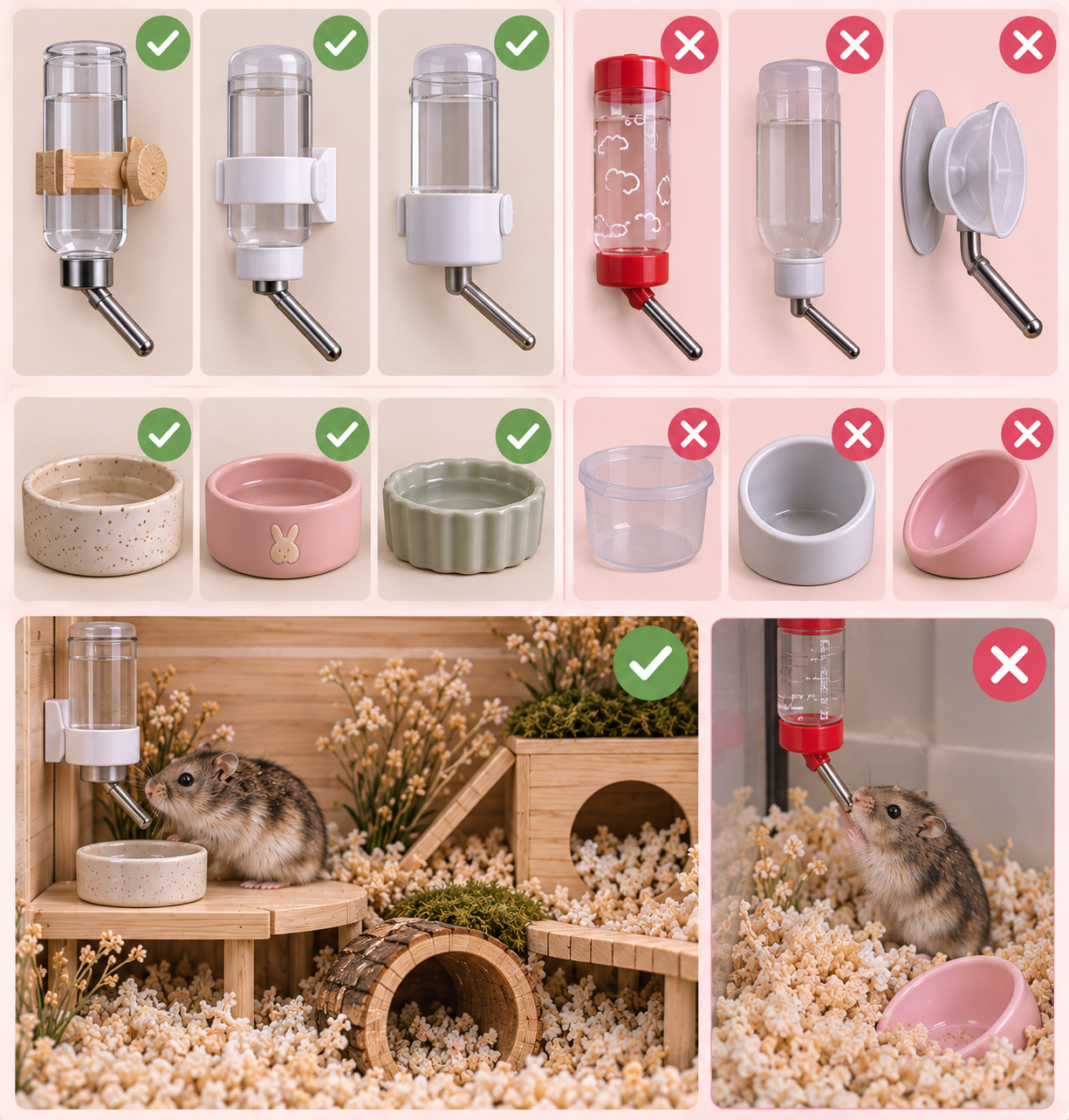 Different types of hamster water bottles, bowls, and a hamster in a cage, with the correct water bottles and bowls marked with checkmarks and incorrect ones marked with crosses.